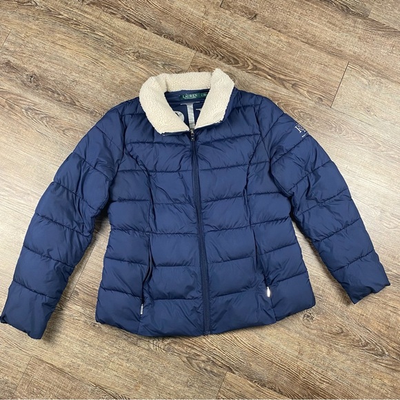 Lauren Ralph Lauren Jackets & Blazers - Lauren Ralph Lauren Puffer Coat Women Size L Blue Sherpa Collar Full Zip Pocket